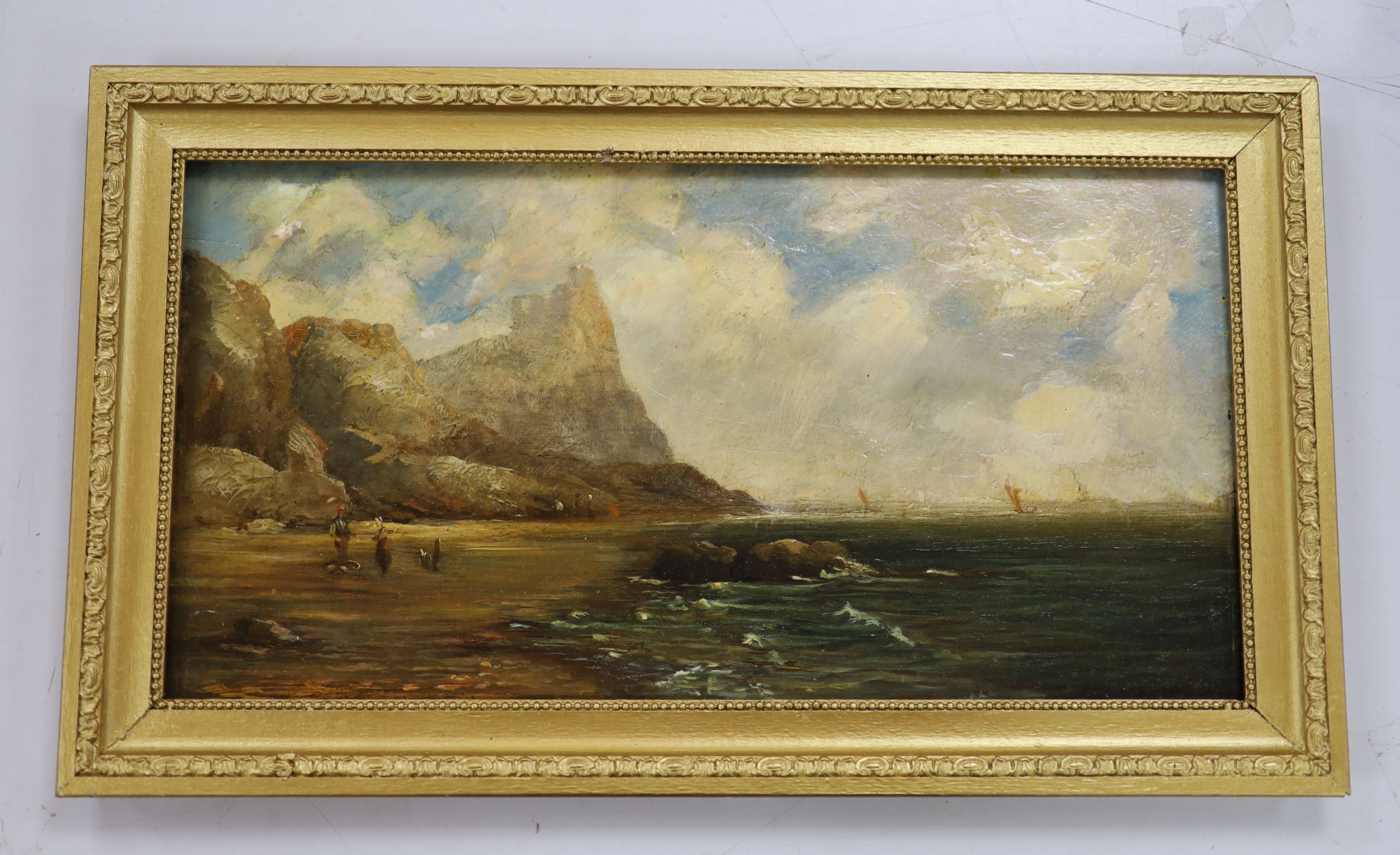 Late 19th century English School, oil on panel, Figures in a coastal landscape, 22 x 43cm